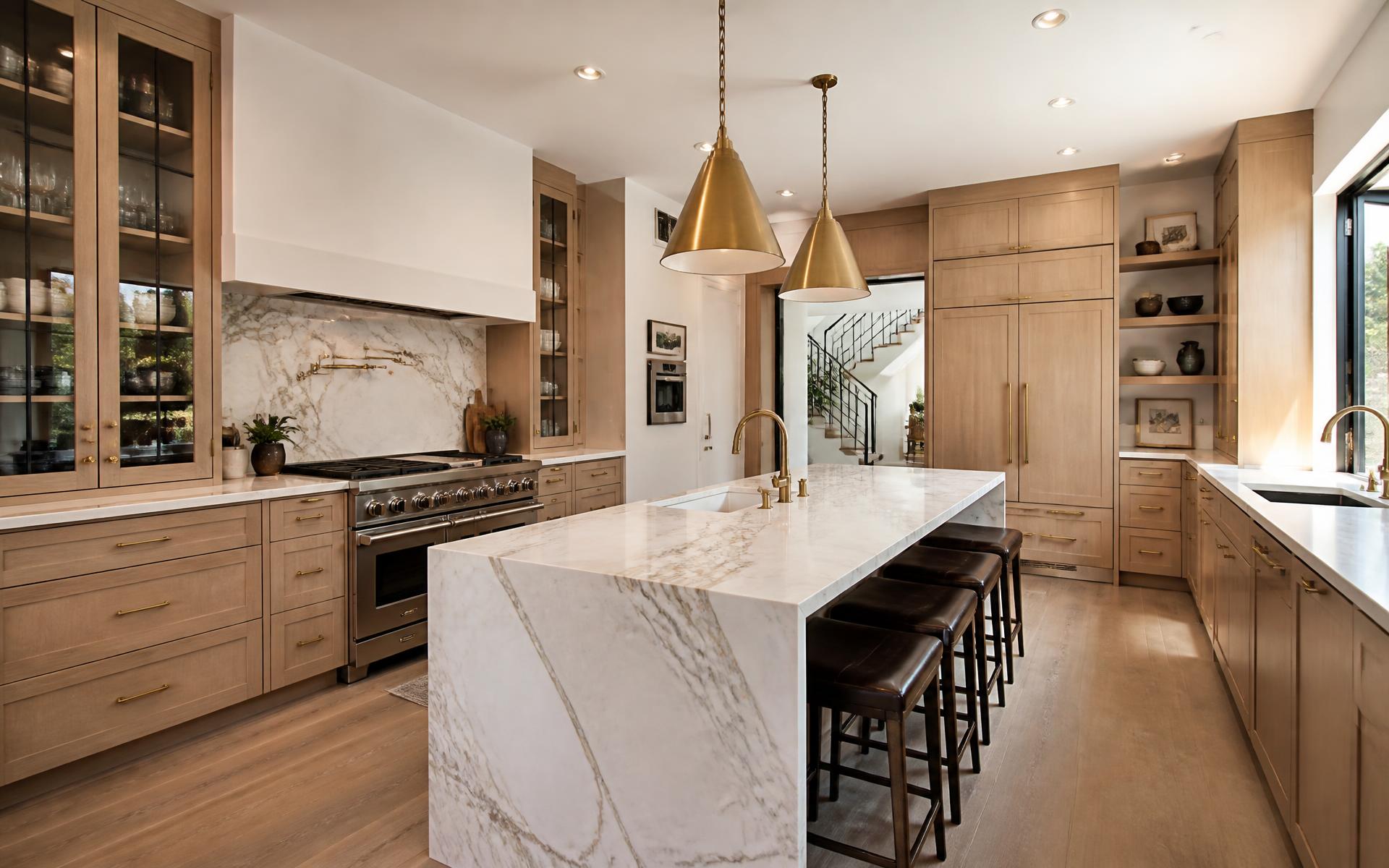 Warm, naturally lit kitchen remodel with white oak cabinetry and a marble island